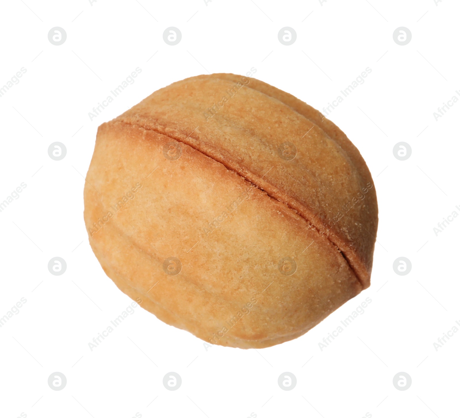 Photo of Delicious nut shaped cookie with condensed milk isolated on white