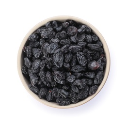 Photo of Bowl with dried dark raisins isolated on white, top view. Healthy nutrition with fruits