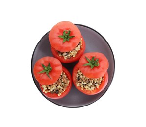 Photo of Delicious stuffed tomatoes with minced beef, bulgur and mushrooms isolated on white, top view