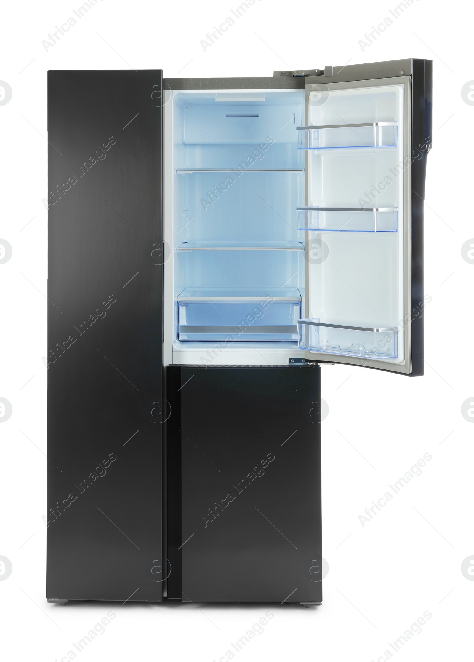 Photo of Modern stainless steel refrigerator isolated on white