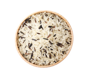 Mix of brown and polished rice in wooden bowl isolated on white, top view