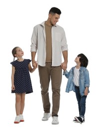 Photo of Children with their father on white background