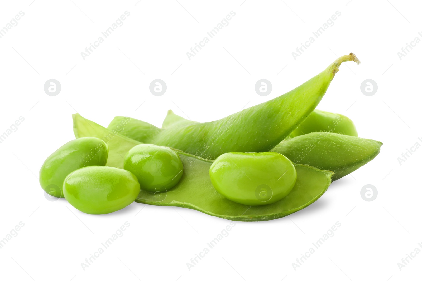 Photo of Fresh green edamame pods and beans on white background