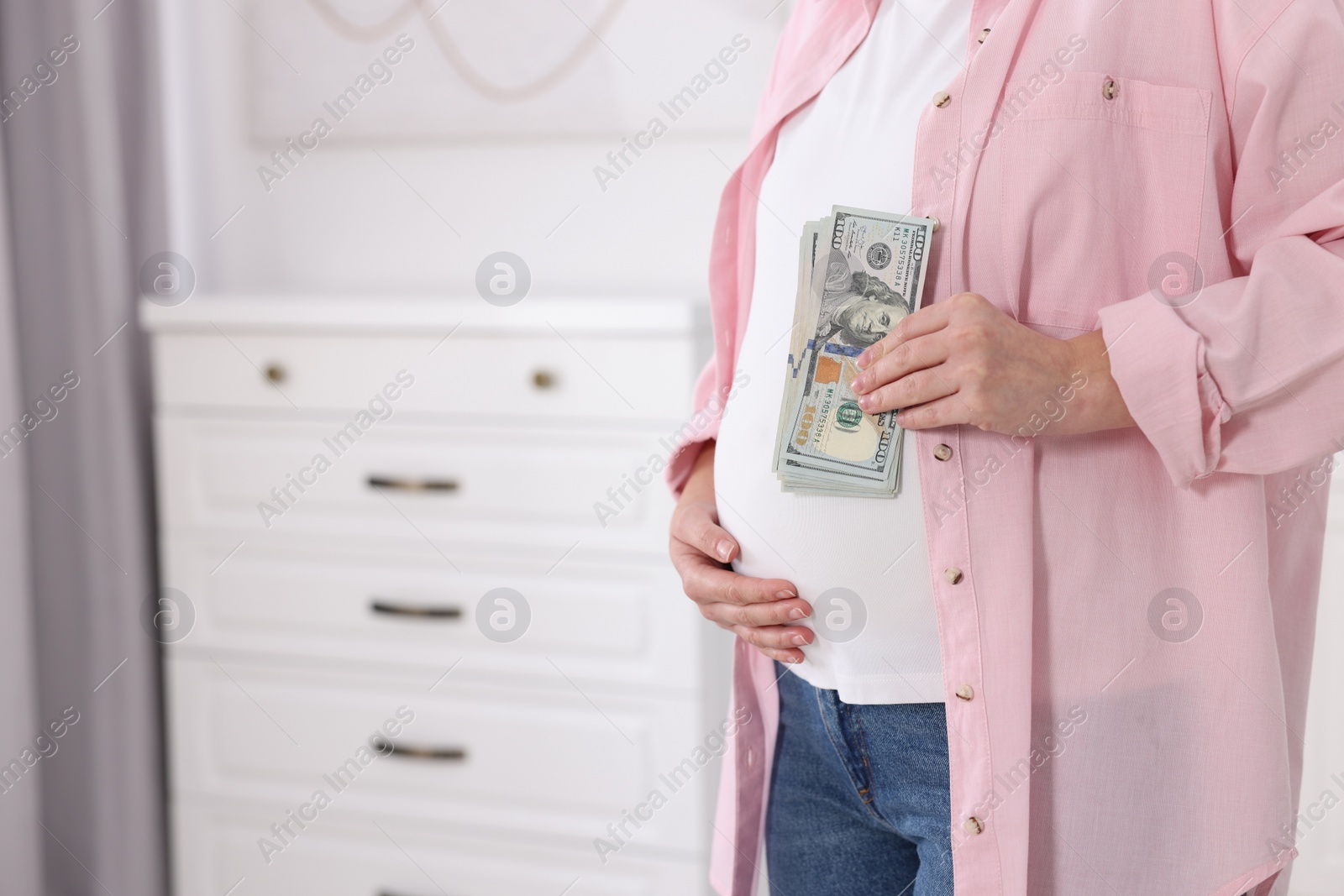 Photo of Surrogate mother. Pregnant woman with dollar banknotes indoors, closeup. Space for text