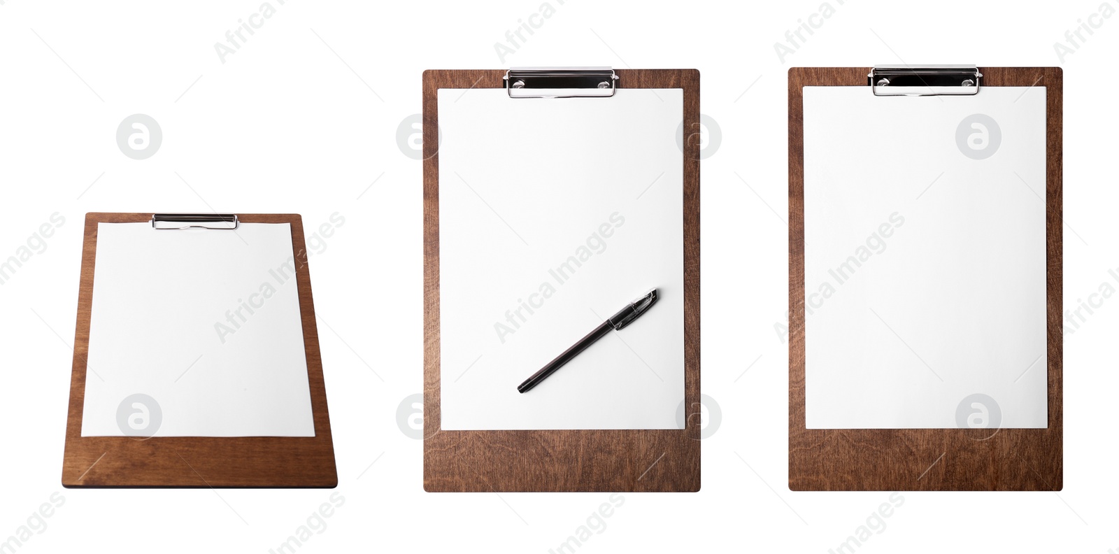 Image of Wooden clipboard with blank sheets of paper on white background