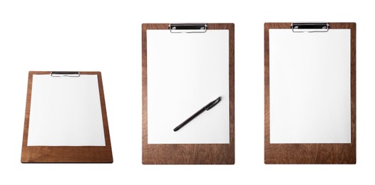 Image of Wooden clipboard with blank sheets of paper on white background