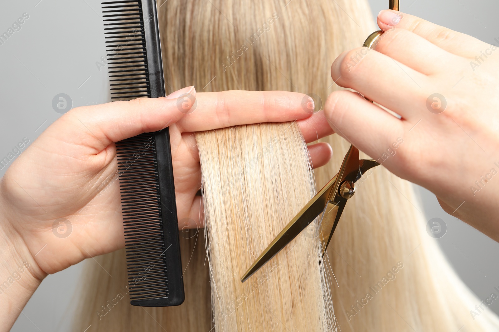 Photo of Hairdresser cutting client's hair with scissors on light grey background, closeup