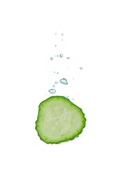 Photo of Fresh cucumber slice in water on white background