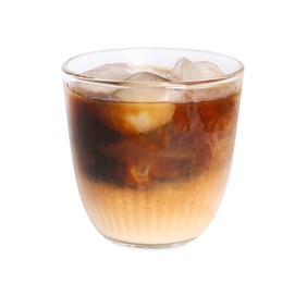 Photo of Refreshing iced coffee with milk in glass isolated on white