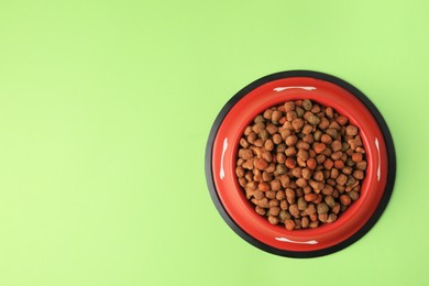 Dry dog food in feeding bowl on light green background, top view. Space for text