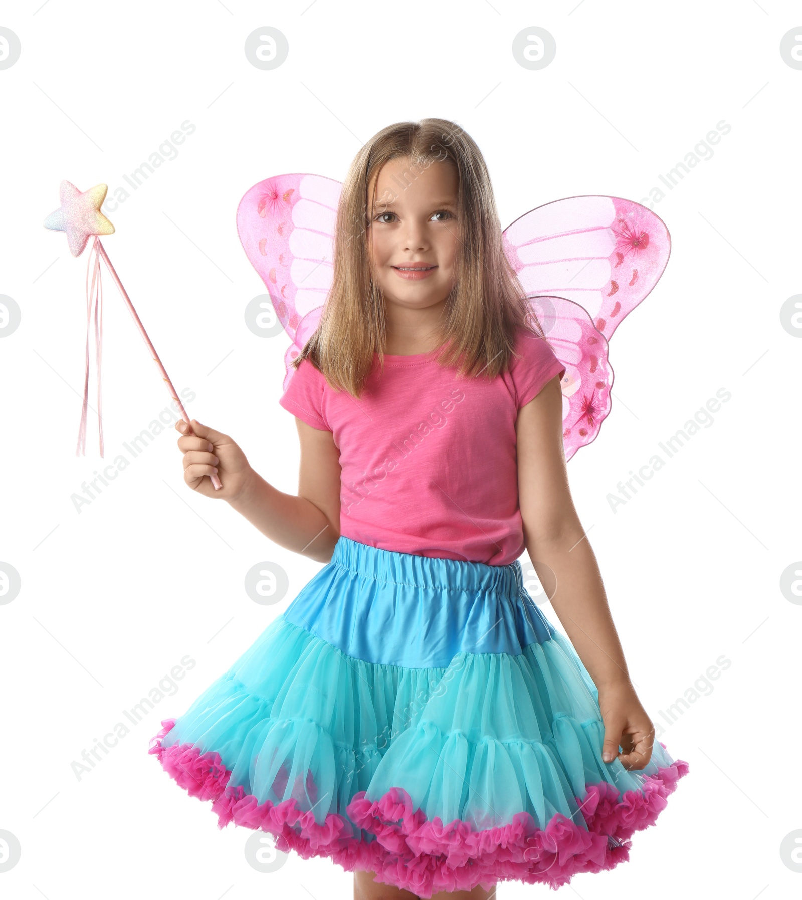 Photo of Cute little girl in fairy costume with pink wings and magic wand on white background