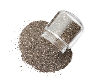 Photo of Overturned jar with chia seeds on white background, top view