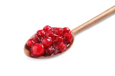 Photo of Spoon with cranberry sauce on white background
