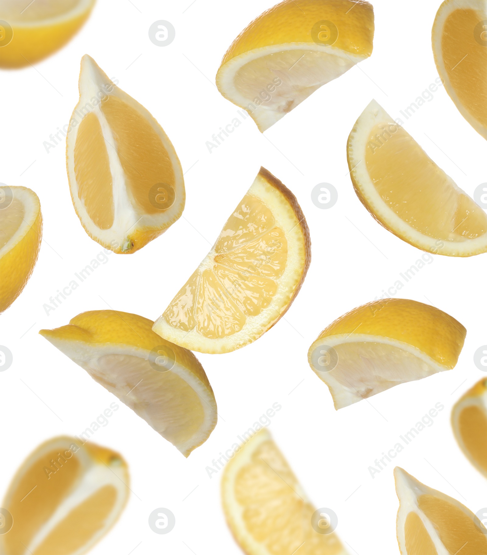 Image of Fresh ripe lemons falling on white background