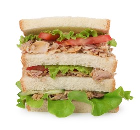 Photo of Delicious sandwich with tuna, tomatoes and lettuce on white background