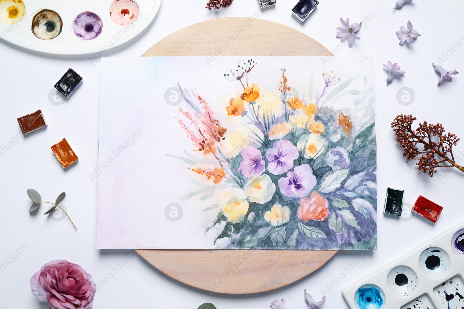 Photo of Flat lay composition with floral picture and watercolor paints on white background