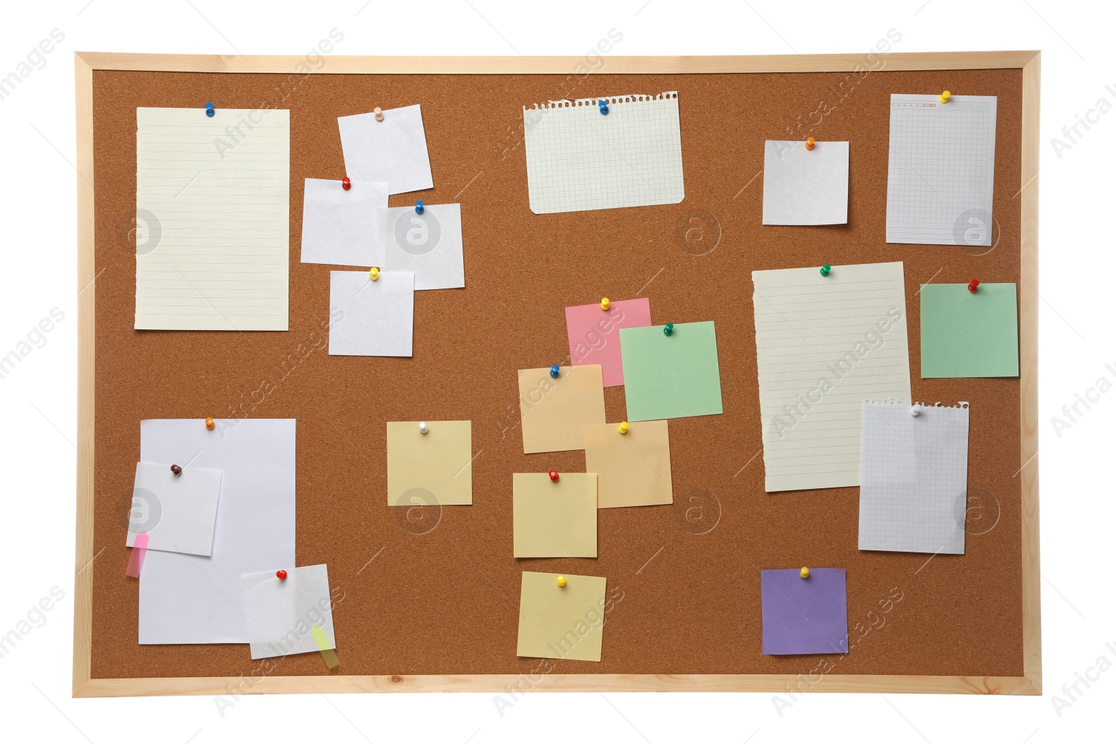 Photo of Empty notes pinned to cork board on white background