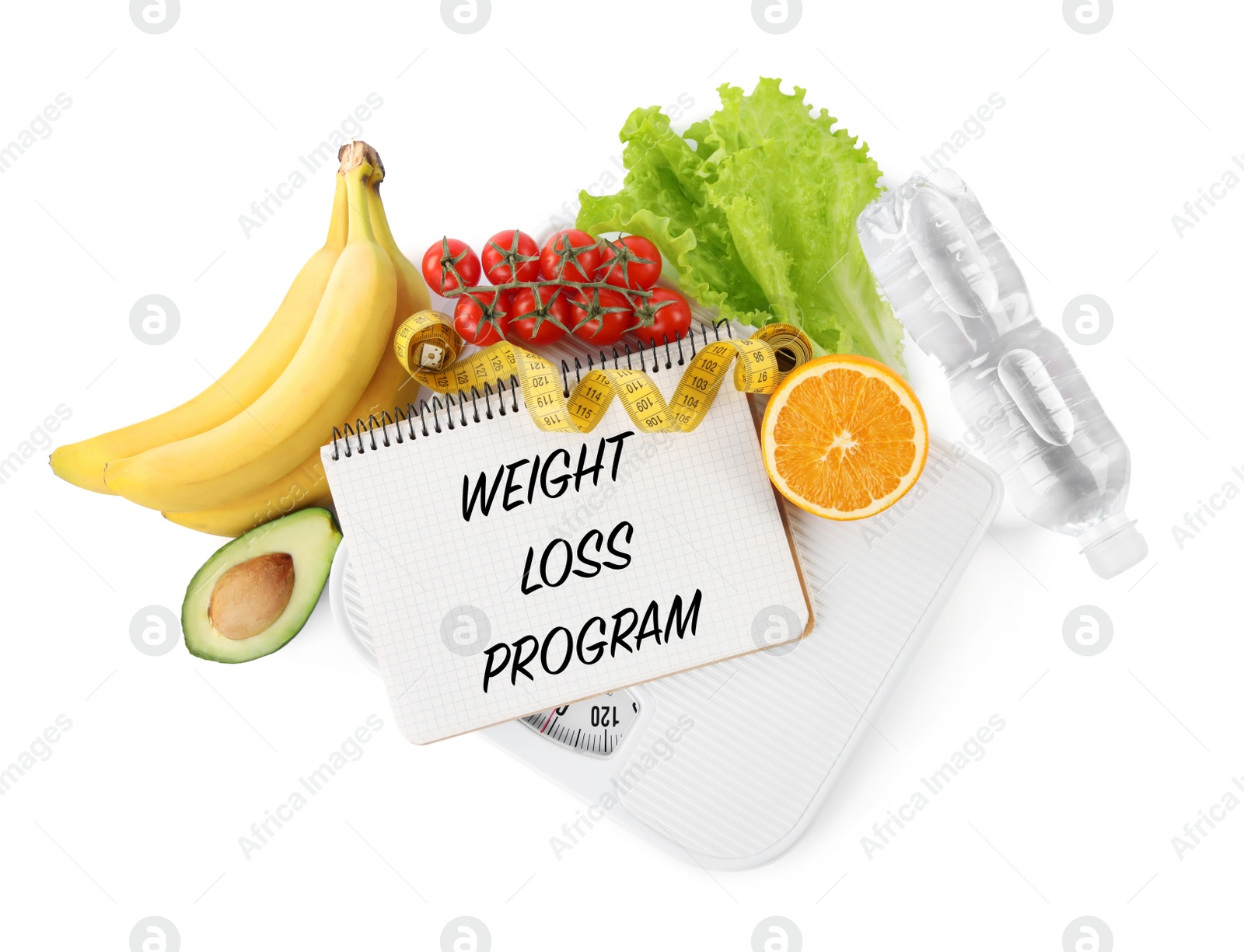 Photo of Notebook with phrase Weight Loss Program, measuring tape, scales and products on white background, top view