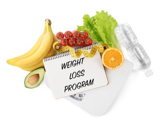 Photo of Notebook with phrase Weight Loss Program, measuring tape, scales and products on white background, top view