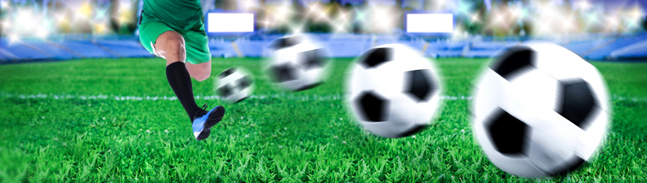 Image of Man playing football at stadium, closeup. Banner design