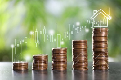 Image of Mortgage rate. Stacked coins, graph, illustration of house and upward arrows