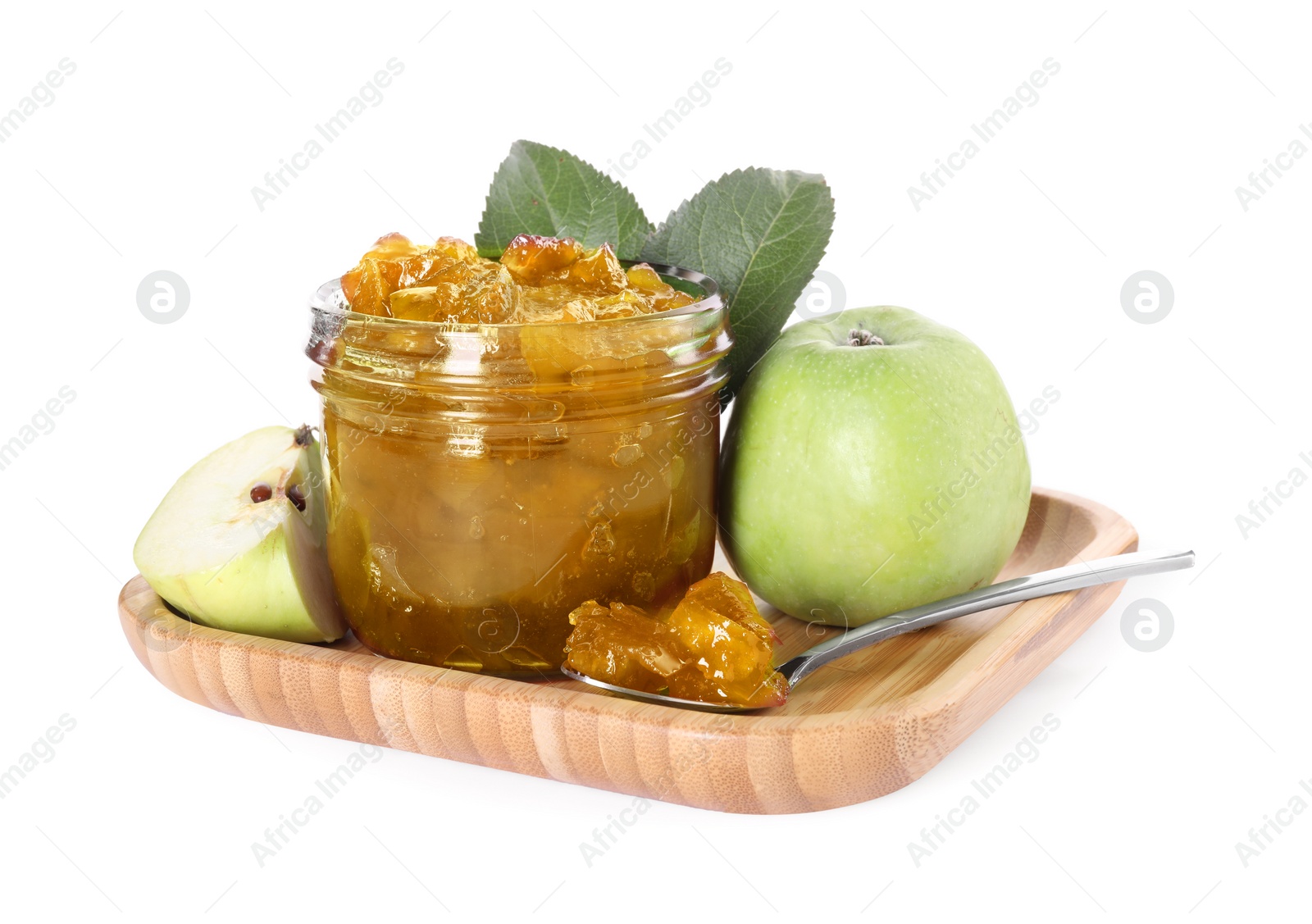 Photo of Glass jar of delicious apple jam and fresh fruits isolated on white