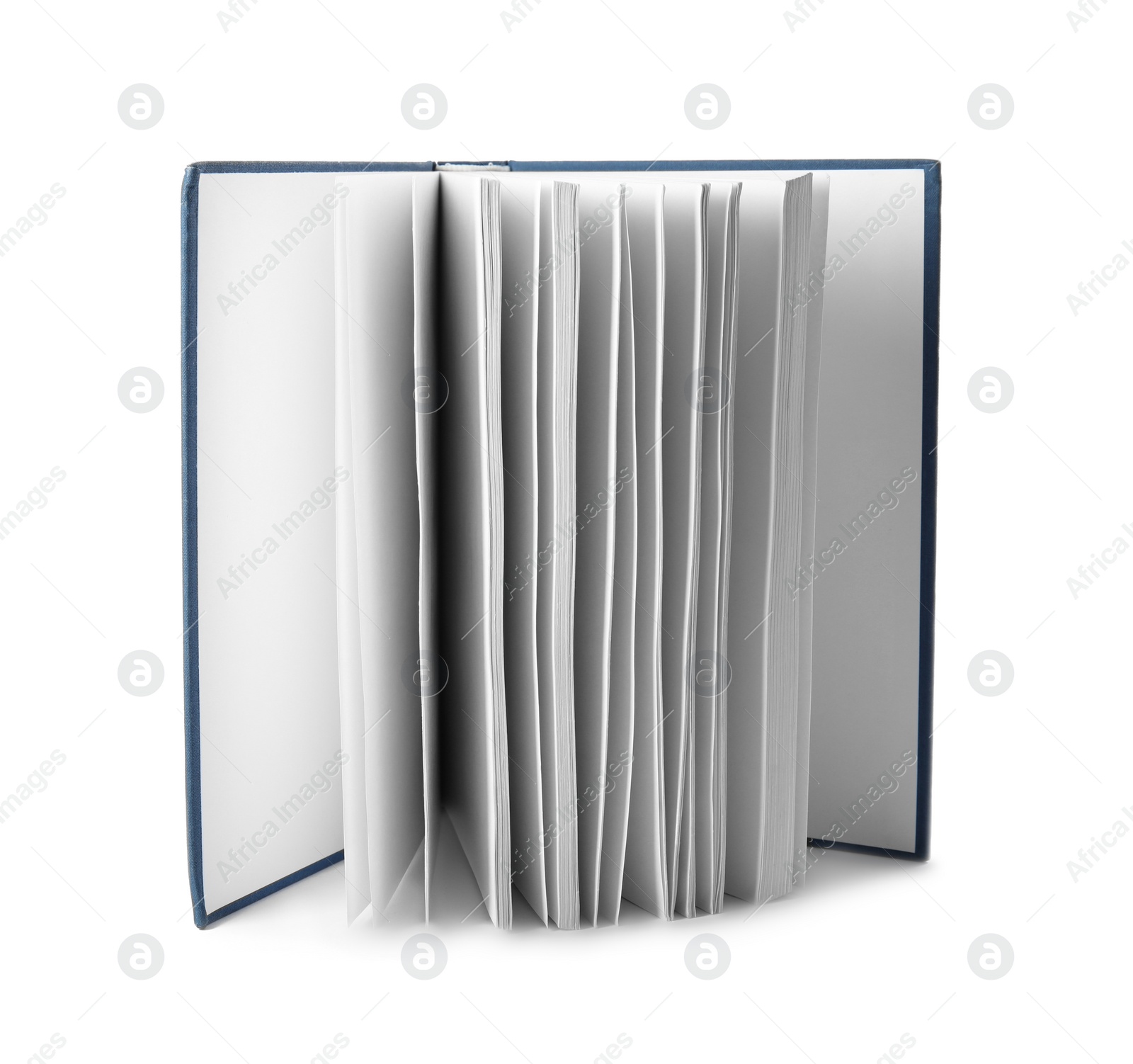 Photo of Open hardcover book with blank pages on white background