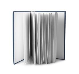 Open hardcover book with blank pages on white background