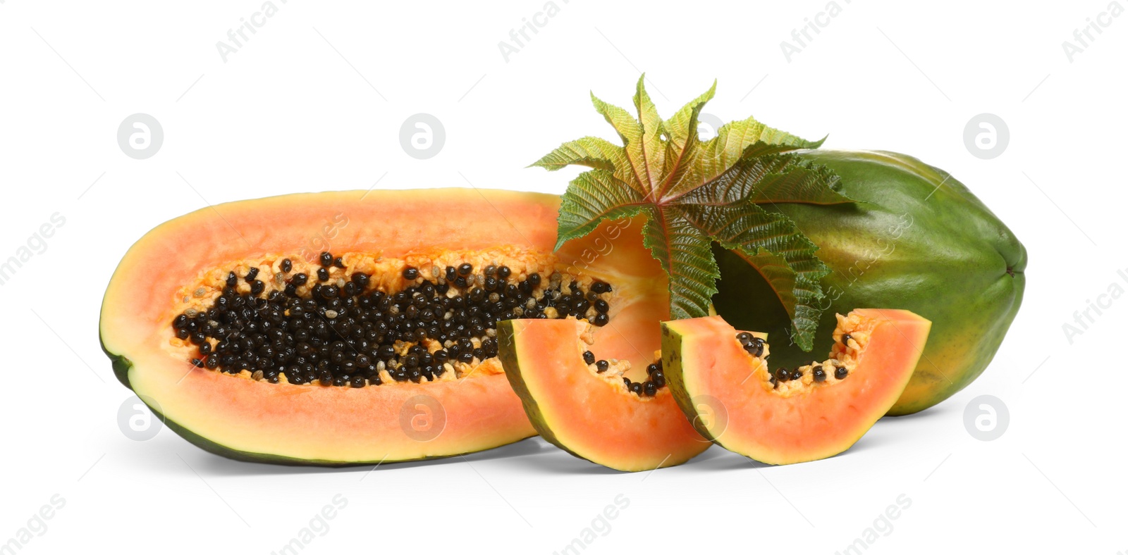 Photo of Fresh juicy ripe papayas with leaf on white background