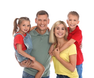 Happy family with children on white background