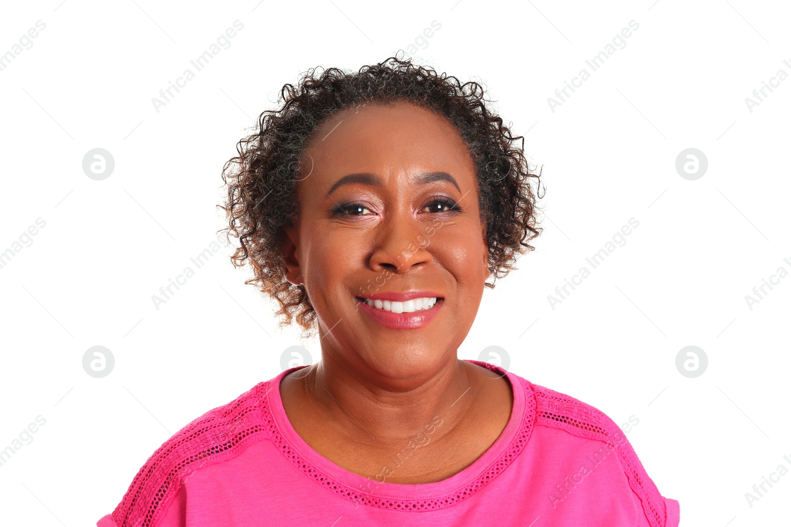 Photo of Portrait of happy African-American woman on white background