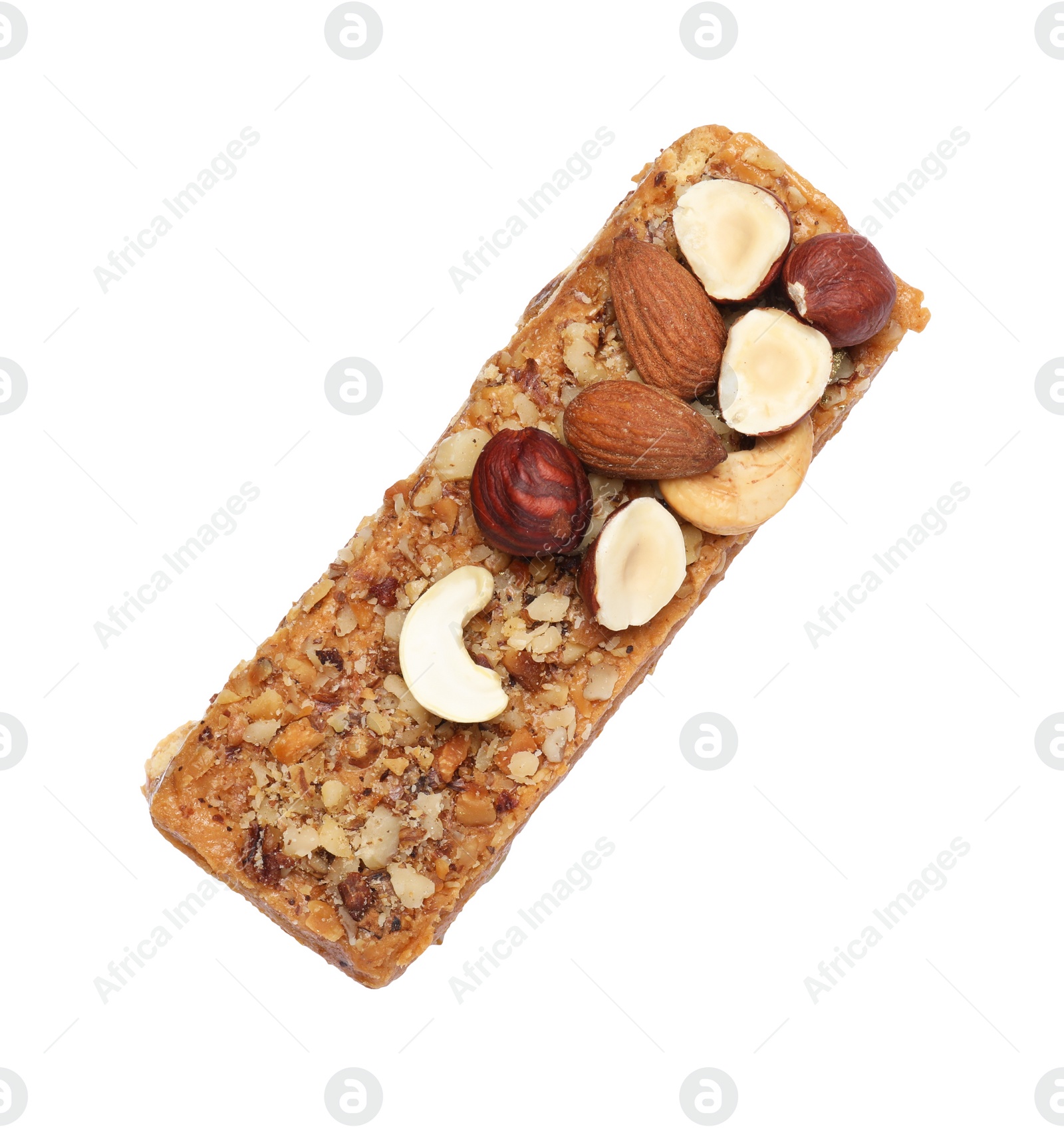 Photo of Delicious layered honey cake with nuts isolated on white, top view