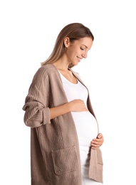 Photo of Happy pregnant woman touching her belly on white background