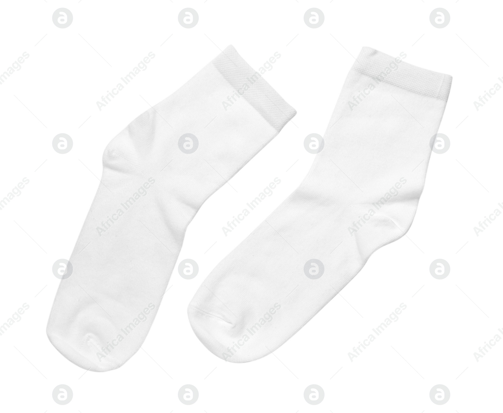 Photo of Pair of new socks isolated on white, top view