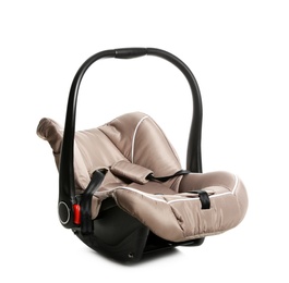 Photo of Brown child safety seat on white background