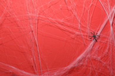 Photo of Cobweb and spider on red background, top view