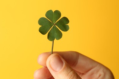 Photo of Woman holding green four leaf clover on yellow background, closeup