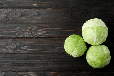 Photo of Ripe white cabbage on black wooden table, flat lay. Space for text