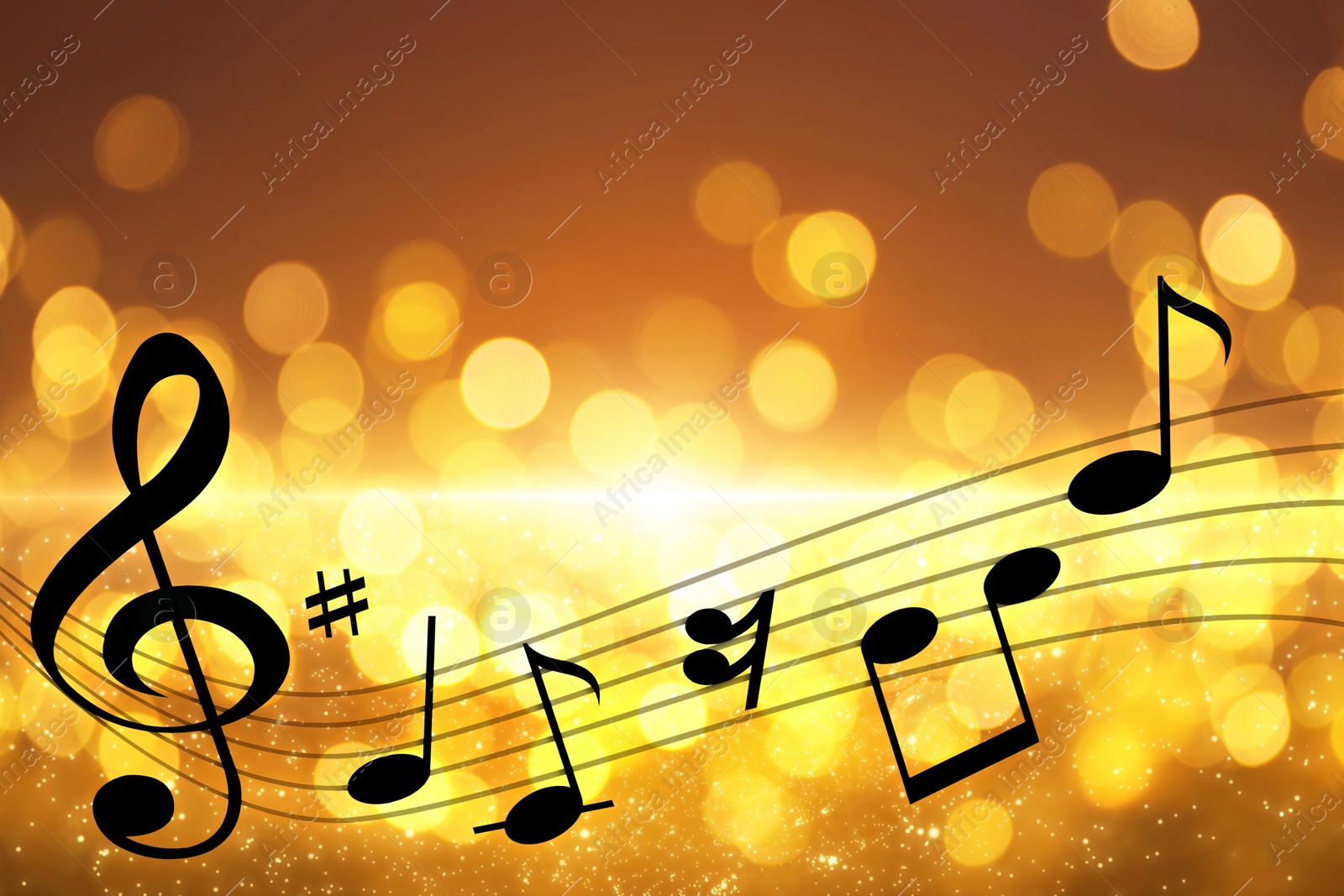 Image of Music notes on blurred background, bokeh effect