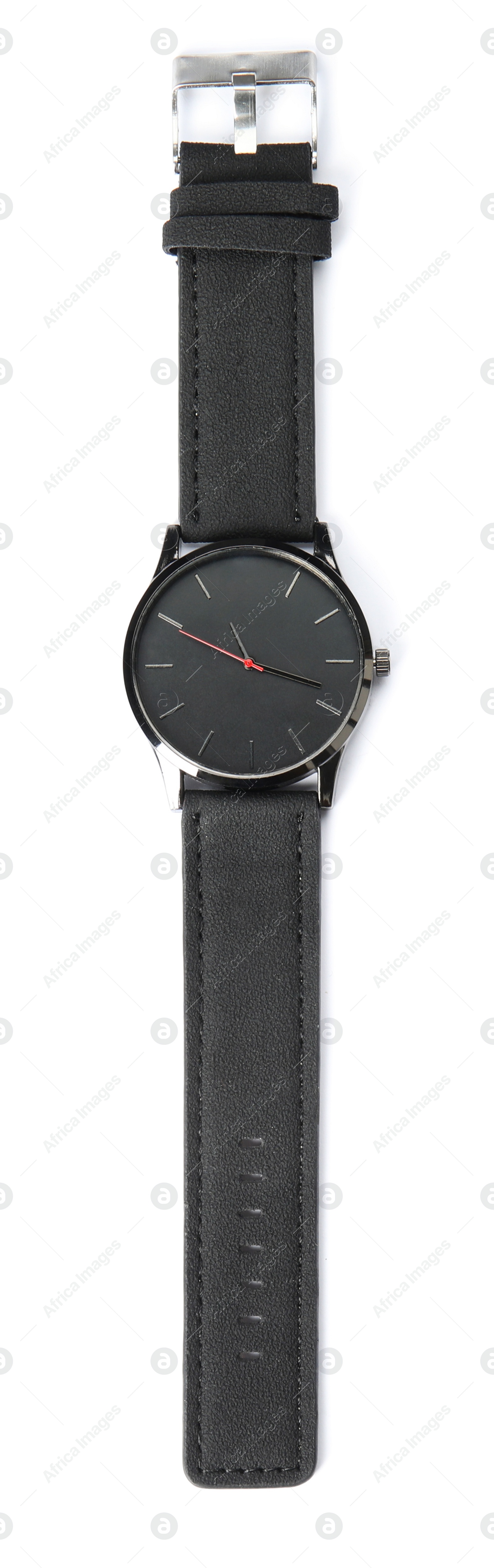 Photo of Stylish wrist watch on white background. Fashion accessory