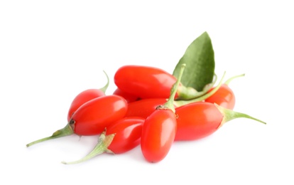 Fresh goji berries on white background. Healthy superfood