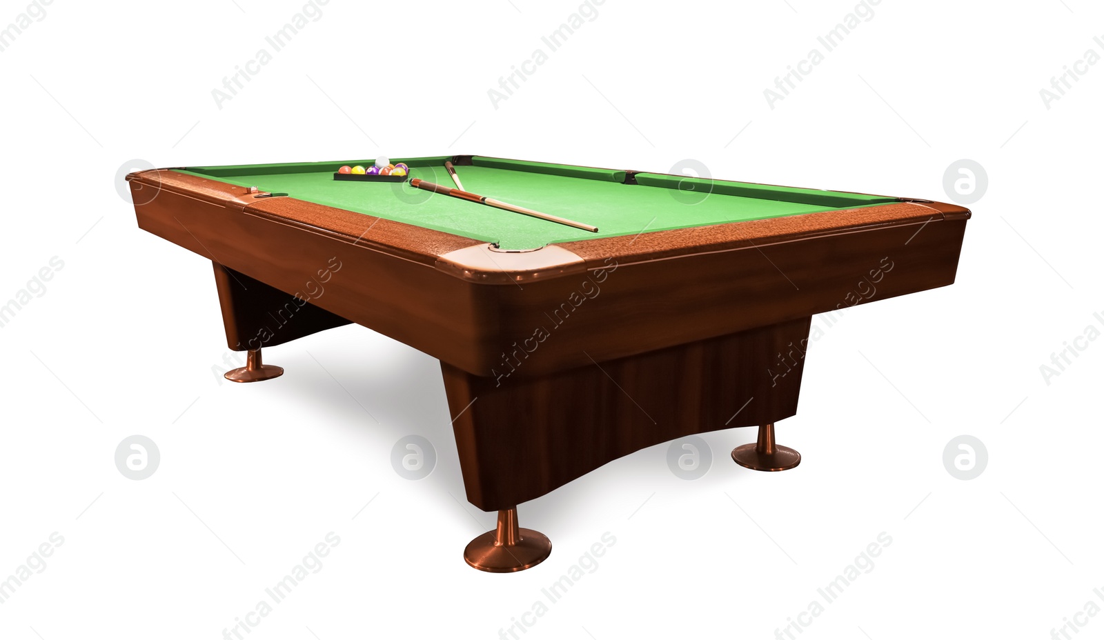 Image of Billiard table with wooden cues, rack and balls on white background