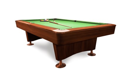 Image of Billiard table with wooden cues, rack and balls on white background