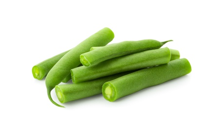 Photo of Delicious fresh green beans on white background