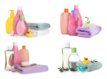 Image of Set with baby oil, other cosmetic products and accessories on white background