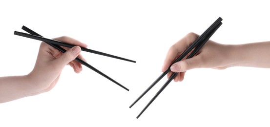 Image of Woman holding chopsticks isolated on white, closeup. Collage with photos