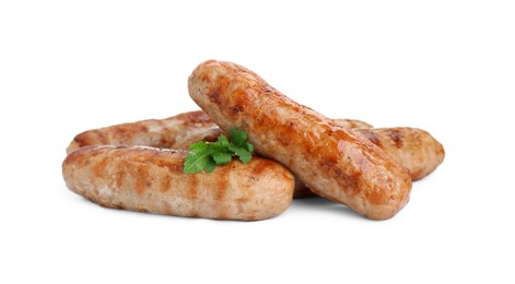 Photo of Tasty grilled sausages with parsley isolated on white