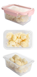 Image of Frozen cauliflower florets in plastic containers on white background. Vegetable preservation