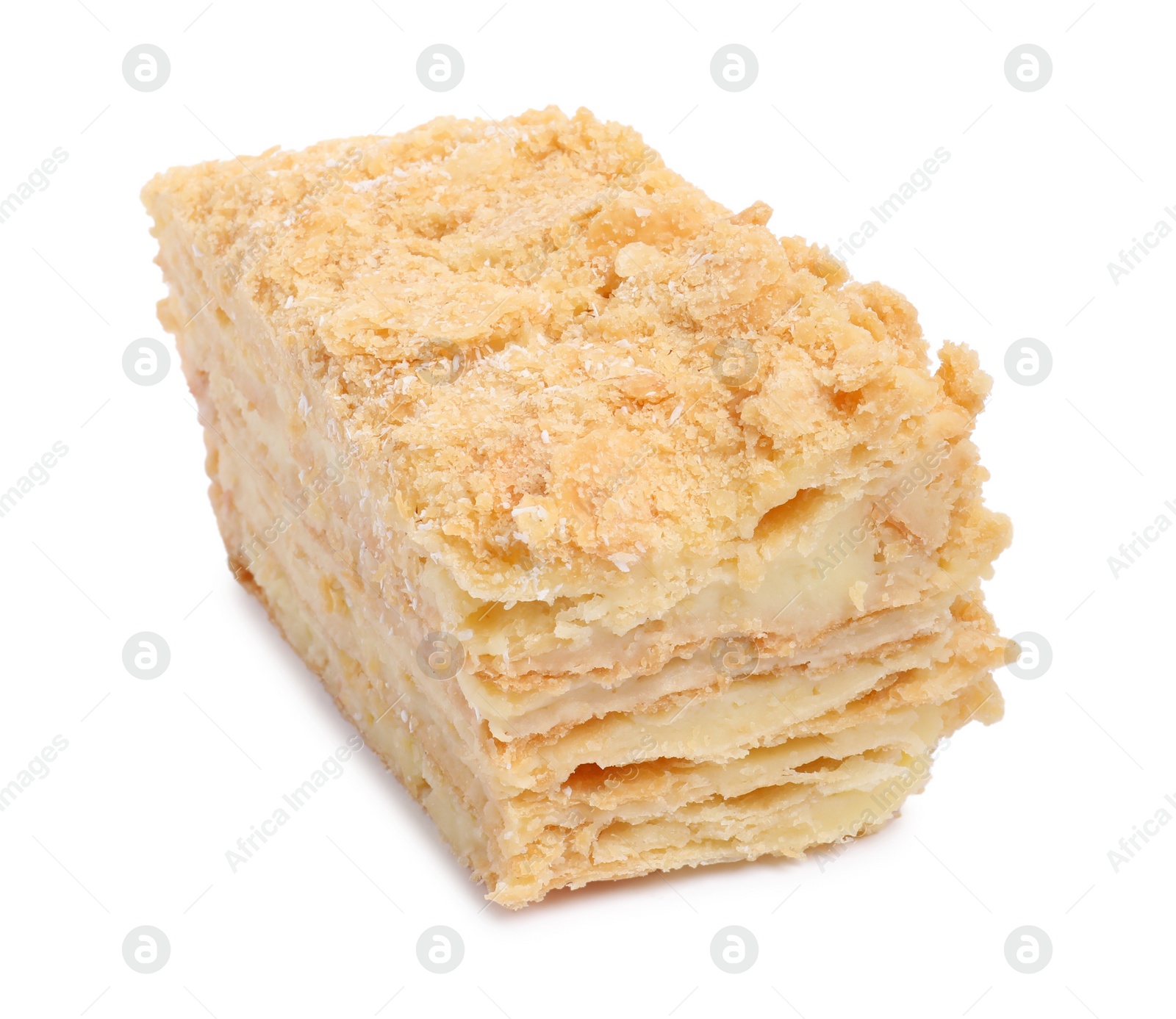 Photo of Piece of delicious Napoleon cake isolated on white