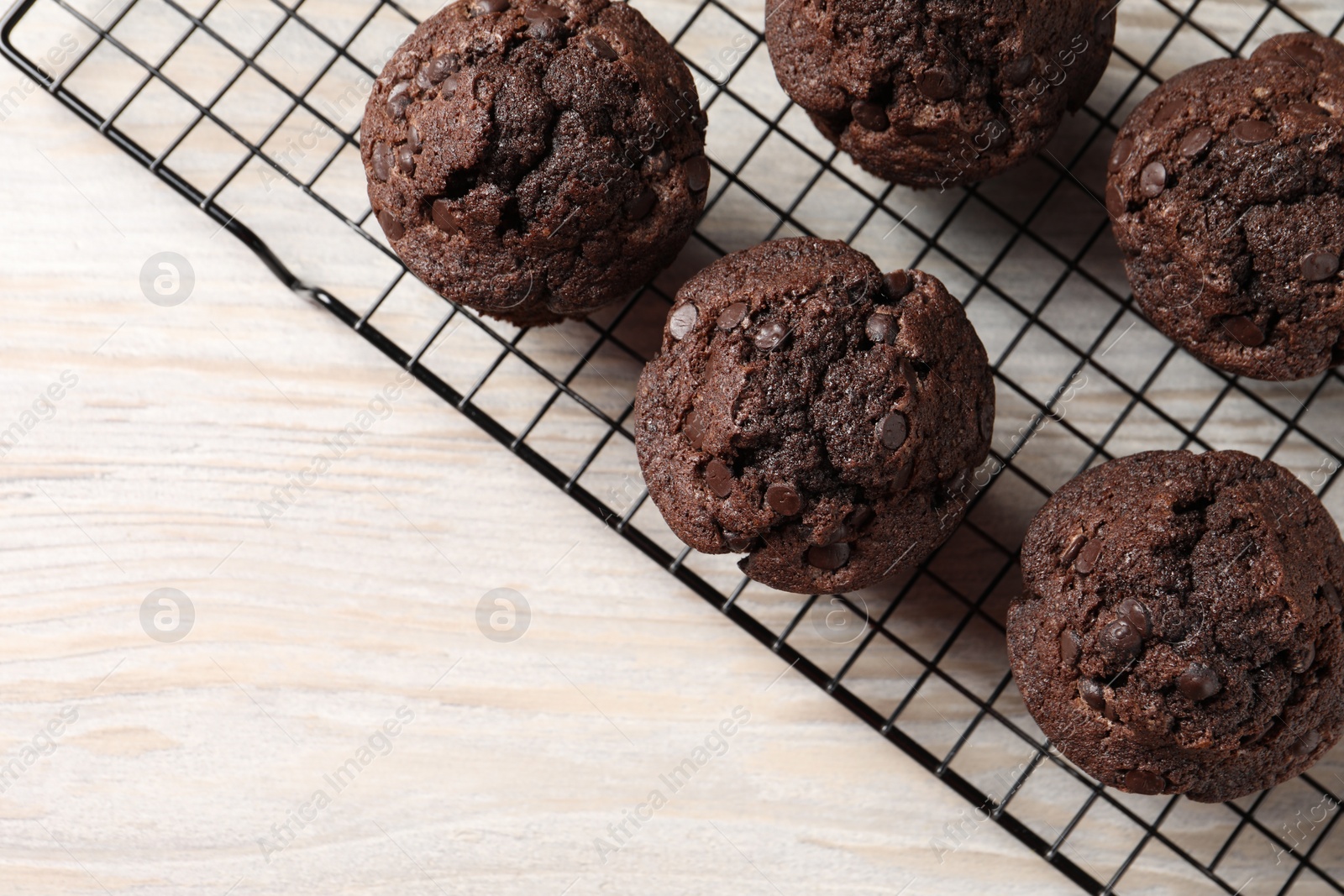 Photo of Delicious chocolate muffins on light wooden table, top view. Space for text